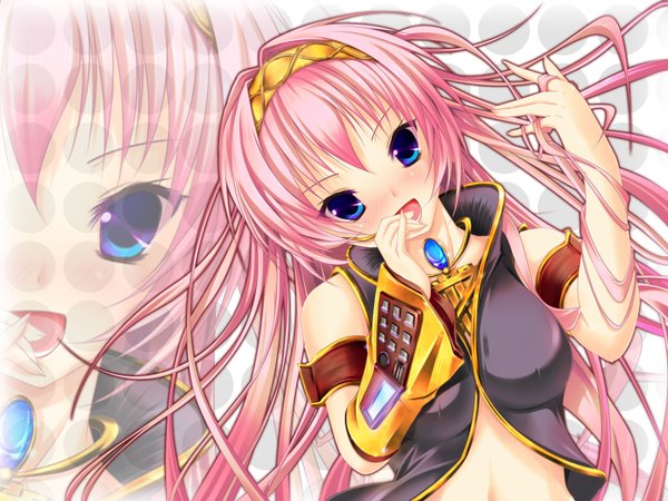 Anime picture 1600x1200 with vocaloid megurine luka nironiro long hair blush open mouth blue eyes bare shoulders pink hair zoom layer girl hairband