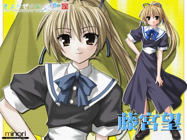 Anime picture 1280x960 with wind a breath of heart fujimiya nozomi long hair blush blonde hair brown eyes ponytail light smile hand on hip close-up yellow background girl uniform ribbon (ribbons) hair ribbon school uniform