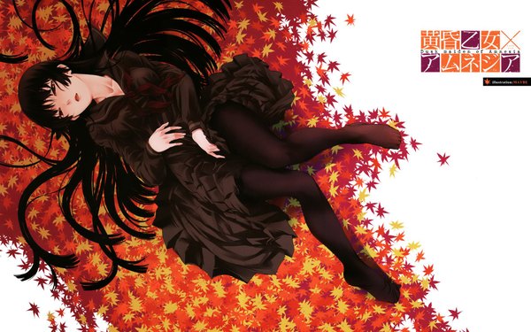 Anime picture 1920x1200 with tasogare otome x amnesia silver link kanoe yuuko maybe single long hair looking at viewer blush fringe highres black hair red eyes bent knee (knees) lying parted lips pleated skirt from above scan no shoes girl
