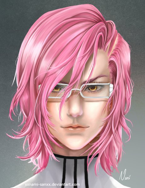 Anime picture 1432x1859 with bleach studio pierrot szayel aporro grantz xxnami-sanxx single tall image looking at viewer short hair simple background signed yellow eyes pink hair realistic grey background portrait face espada boy glasses
