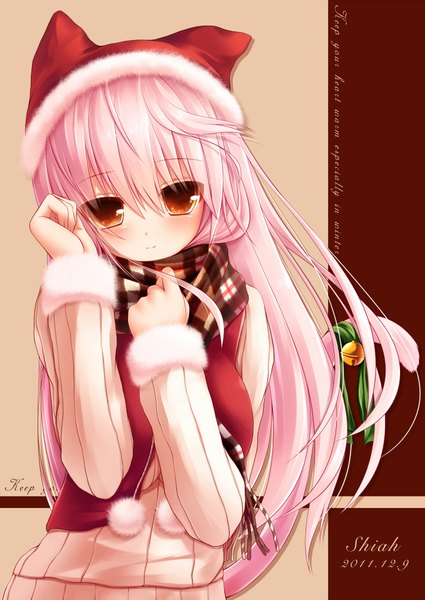 Anime picture 1357x1916 with original shia flatpaddy syroh single long hair tall image looking at viewer blush red eyes animal ears pink hair cat ears cat girl cat tail fur trim girl scarf fur bell santa claus hat