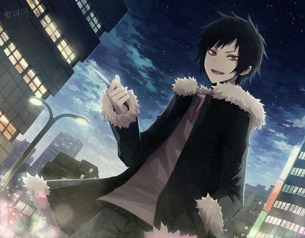 Anime picture 1150x900 with durarara!! brains base (studio) orihara izaya angel31424 single looking at viewer open mouth black hair smile red eyes standing cloud (clouds) night open clothes open jacket night sky city hand in pocket boy jacket