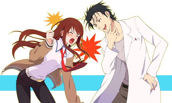 Anime picture 2125x1276 with steins;gate white fox makise kurisu okabe rintarou kaisen long hair blush highres short hair open mouth black hair simple background brown hair wide image white background brown eyes eyes closed leaning leaning forward hand on hip