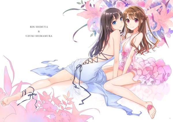 Anime picture 1280x905 with idolmaster idolmaster cinderella girls shibuya rin shimamura uzuki ginta long hair looking at viewer fringe blue eyes black hair smile red eyes brown hair white background sitting multiple girls barefoot bare legs character names one side up