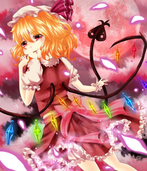 Anime picture 1800x2100 with touhou flandre scarlet ikeda hazuki single tall image highres short hair blonde hair red eyes looking back red moon girl dress skirt bow weapon wings blood bonnet skirt set