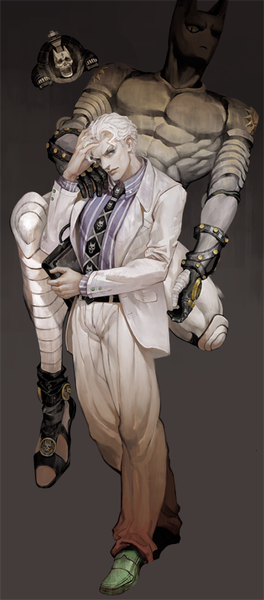 Anime picture 354x802 with jojo no kimyou na bouken kira yoshikage killer queen sheer heart attack white-corner tall image looking at viewer short hair simple background standing white hair realistic grey background hand on head stand (jojo) boy necktie suit suitcase
