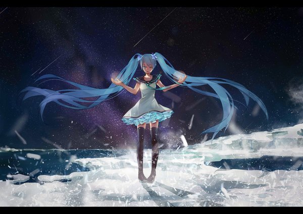 Anime picture 1814x1283 with vocaloid hatsune miku momozi (mkingnight) single long hair looking at viewer blush highres open mouth twintails one eye closed aqua eyes light smile wink aqua hair dark background letterboxed space meteor rain girl