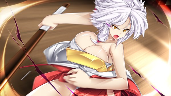 Anime picture 1280x720 with sengoku hime 4 short hair breasts open mouth light erotic wide image yellow eyes game cg white hair traditional clothes huge breasts girl weapon