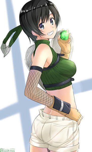 Anime picture 600x984 with final fantasy final fantasy vii square enix yuffie kisaragi isshiki (ffmania7) single tall image looking at viewer short hair breasts blue eyes black hair holding midriff grin turning head girl gloves shorts fingerless gloves