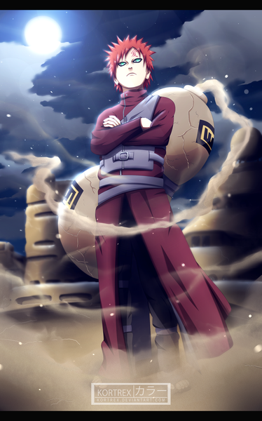 Anime picture 1940x3112 with naruto studio pierrot naruto (series) gaara kortrex single tall image highres short hair green eyes cloud (clouds) red hair night tattoo night sky coloring magic facial mark letterboxed smoke