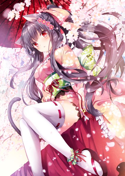 Anime picture 800x1119 with original nogi takayoshi single long hair tall image blush fringe black hair sitting animal ears looking away bent knee (knees) ponytail traditional clothes parted lips japanese clothes hair flower cat ears from below cat girl