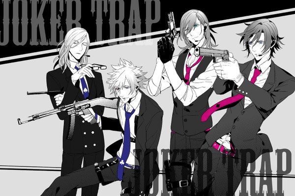 Anime picture 1551x1033 with uta no prince-sama a-1 pictures jinguji ren ichinose tokiya kurosaki ranmaru camus keriojisan long hair short hair blue eyes smile looking away white hair one eye closed pink eyes aqua eyes light smile wink grey hair multiple boys