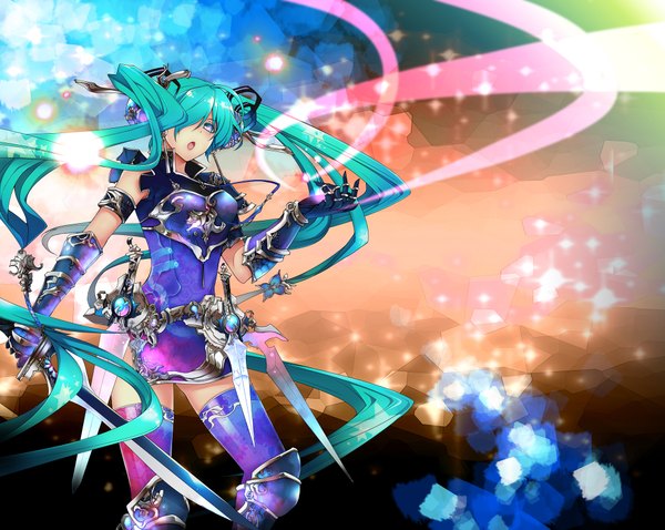 Anime picture 1996x1592 with vocaloid hatsune miku ene0 (artist) single long hair fringe highres open mouth blue eyes twintails green hair hair over one eye girl gloves weapon sword armor knee pads