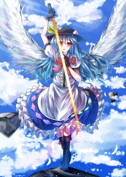 Anime picture 1500x2101 with touhou hinanawi tenshi toritori (yakitoriya) single long hair tall image looking at viewer blush open mouth red eyes blue hair cloud (clouds) girl dress weapon hat sword wings boots fruit