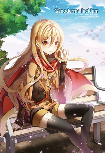Anime picture 800x1162 with roh nam kyung single long hair tall image looking at viewer blonde hair smile sitting sky cloud (clouds) bent knee (knees) outdoors wind orange eyes zettai ryouiki crossed legs girl thighhighs black thighhighs plant (plants)