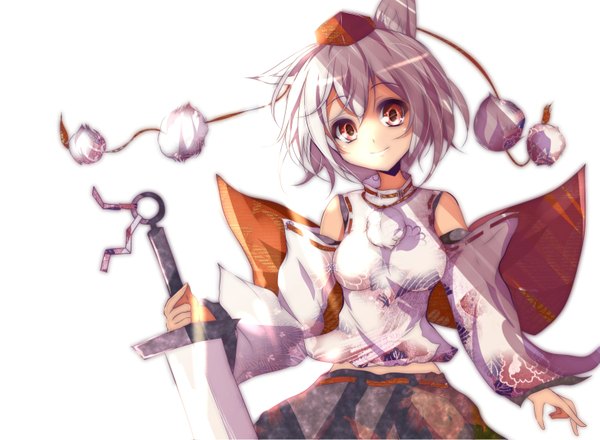 Anime picture 1561x1147 with touhou inubashiri momiji velia (artist) single looking at viewer short hair simple background smile red eyes white background animal ears silver hair girl weapon detached sleeves sword pom pom (clothes) tokin hat