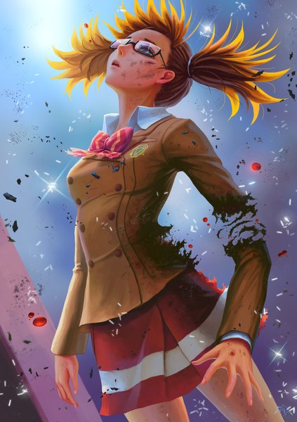 Anime picture 1748x2480 with kakumeiki valvrave sunrise (studio) sakurai aina single long hair tall image highres open mouth blue eyes blonde hair twintails guro mutilation girl skirt uniform school uniform miniskirt glasses blood