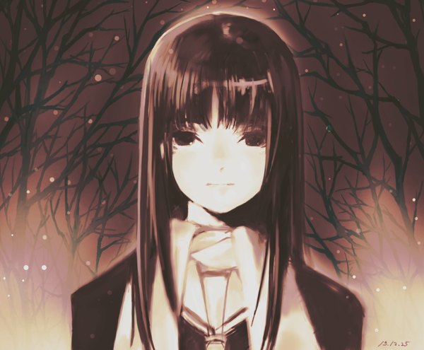 Anime picture 1090x900 with kawata hisashi single long hair looking at viewer fringe brown hair black eyes night winter girl plant (plants) tree (trees) scarf