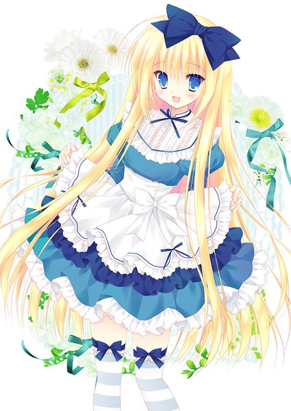 Anime picture 752x1062 with original hasekura chiaki single long hair tall image blush open mouth blue eyes simple background blonde hair white background girl thighhighs dress flower (flowers) bow hair bow frills striped thighhighs