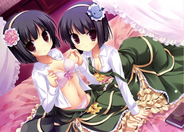 Anime picture 4768x3426 with midori no umi rikuno sorane yukie (peach candy) highres short hair light erotic black hair red eyes multiple girls absurdres purple hair scan open clothes open shirt twins girl dress underwear panties