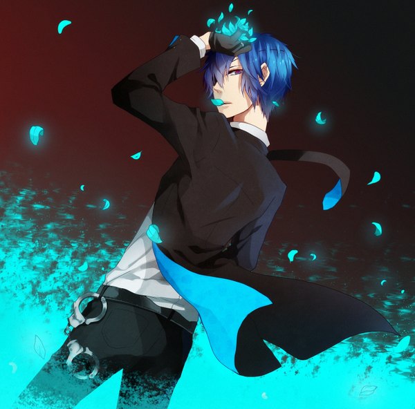 Anime picture 1400x1382 with vocaloid kaito (vocaloid) single looking at viewer short hair blue eyes blue hair back boy gloves petals necktie belt eyepatch suit handcuffs