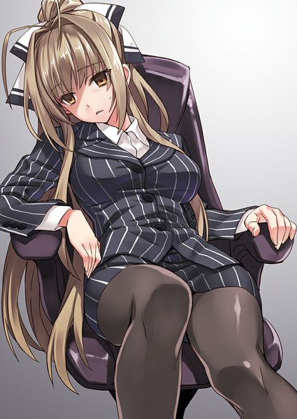 Anime picture 708x1000 with amagi brilliant park kyoto animation sento isuzu matsuryuu single long hair tall image looking at viewer simple background brown hair sitting brown eyes ahoge ponytail girl skirt bow hair bow miniskirt shirt