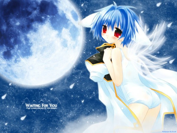 Anime picture 1280x960 with galaxy angel madhouse mint blancmanche sakurazawa izumi short hair light erotic red eyes blue hair wallpaper uniform swimsuit wings moon one-piece swimsuit military uniform school swimsuit white swimsuit white school swimsuit