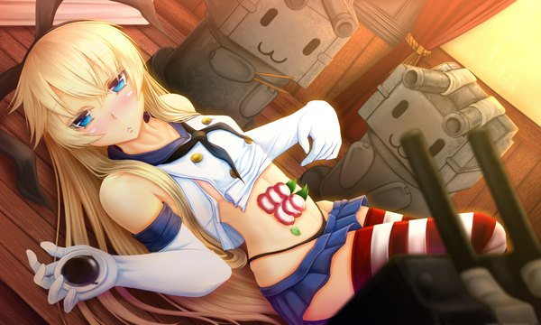 Anime picture 1926x1157 with kantai collection shimakaze destroyer rensouhou-chan oldlim (artist) long hair looking at viewer blush highres blue eyes light erotic blonde hair wide image bare shoulders bare belly embarrassed turning head girl thighhighs skirt gloves