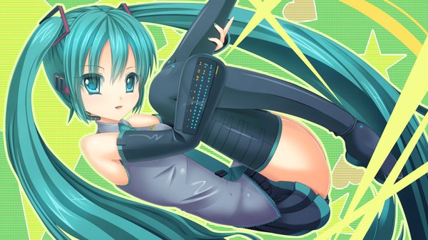 Anime picture 3840x2160 with vocaloid hatsune miku single highres wide image twintails bare shoulders absurdres very long hair aqua eyes aqua hair girl skirt hair ornament detached sleeves miniskirt necktie headphones thigh boots vest