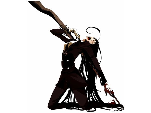 Anime picture 1600x1200 with hellsing rip van winkle youda black hair red eyes white background ahoge teeth fang (fangs) vampire freckles singing formal weapon over shoulder nazi swastika girl gloves weapon glasses