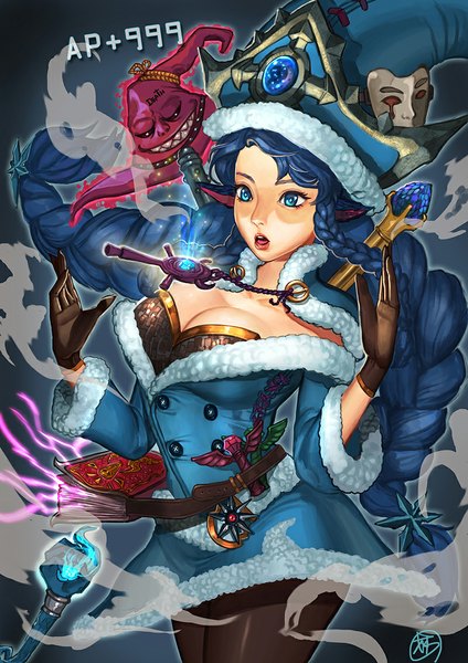 Anime picture 800x1132 with league of legends lulu (league of legends) supullim single long hair tall image breasts open mouth blue eyes large breasts blue hair lips girl gloves hat pantyhose black gloves winter clothes