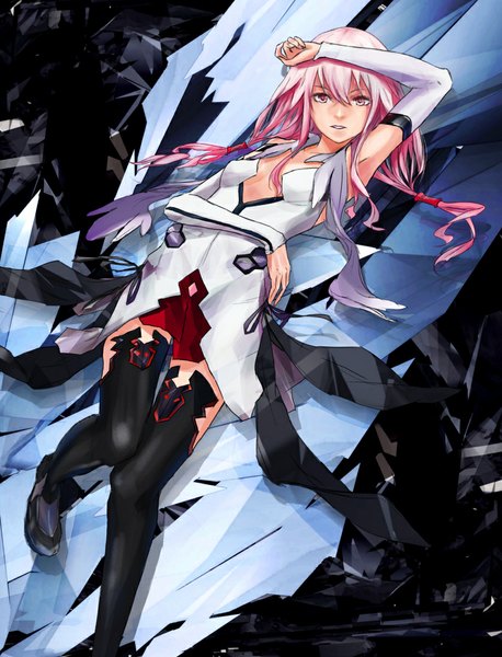 Anime picture 839x1100 with guilty crown production i.g yuzuriha inori tanikku single long hair tall image looking at viewer breasts twintails bare shoulders pink hair lying pink eyes armpit (armpits) girl thighhighs black thighhighs detached sleeves