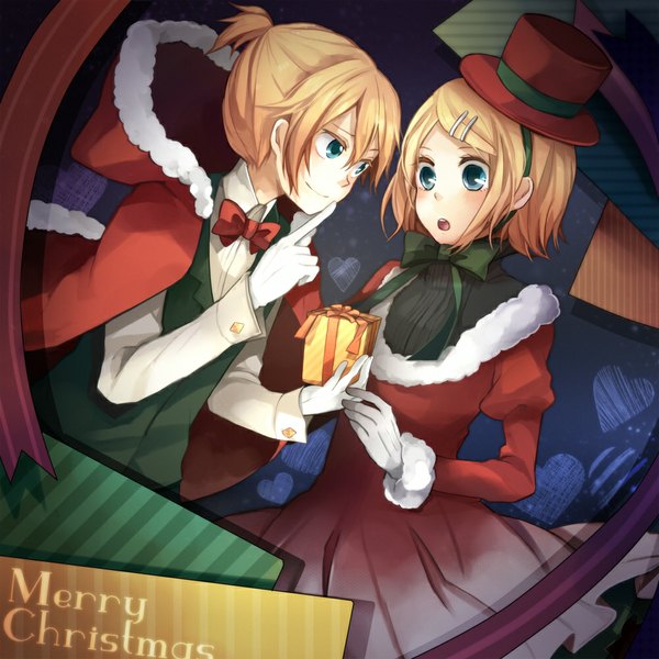 Anime picture 1000x1000 with vocaloid kagamine rin kagamine len tama (songe) blush short hair open mouth blue eyes blonde hair smile finger to mouth christmas merry christmas girl dress boy gloves hair ornament hat heart