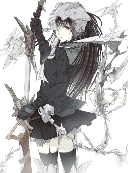Anime picture 752x1020 with original cibo (killy) single long hair tall image looking at viewer fringe black hair simple background red eyes standing white background from behind zettai ryouiki back spot color polychromatic girl thighhighs skirt