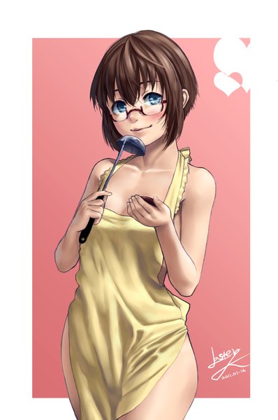 Anime picture 1426x2148 with ore no imouto ga konna ni kawaii wake ga nai tamura manami lasterk single tall image blush short hair blue eyes light erotic brown hair border outside border naked apron girl glasses spoon