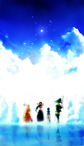 Anime picture 1500x2599 with magi the labyrinth of magic a-1 pictures judal aladdin (magi) scheherazade (magi) yunan monarin long hair tall image black hair blonde hair blue hair sky cloud (clouds) braid (braids) very long hair from behind single braid reflection group