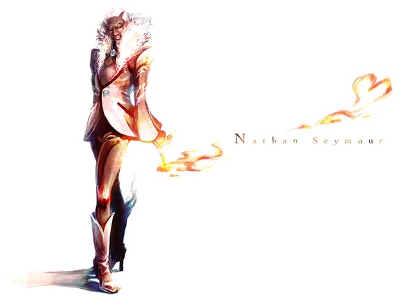 Anime picture 1700x1250 with tiger & bunny sunrise (studio) nathan seymour mochinu single highres short hair blue eyes white background white hair dark skin boy thigh boots pants fire