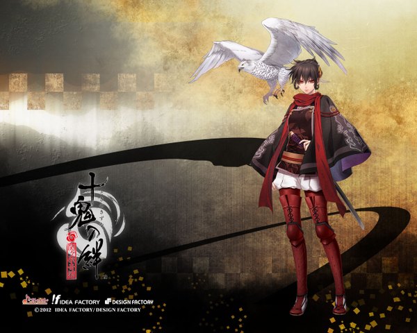 Anime picture 1280x1024 with toki no kizuna idea factory suzumori yukina single looking at viewer fringe short hair black hair red eyes japanese clothes scan inscription official art hand on hip hieroglyph girl animal sword belt scarf