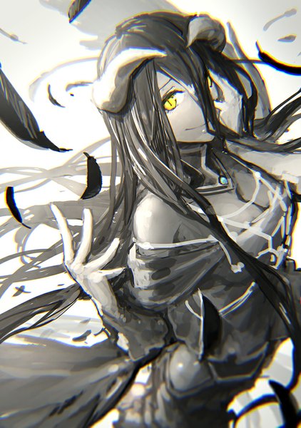 Anime picture 703x1000 with overlord (maruyama) madhouse albedo (overlord) holysnow single long hair tall image looking at viewer fringe black hair yellow eyes horn (horns) hair over one eye depth of field pale skin black wings hand on face girl dress wings