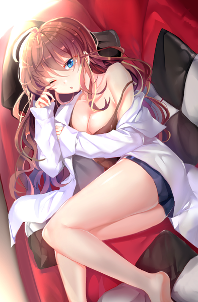 Anime picture 714x1088 with idolmaster idolmaster cinderella girls idolmaster cinderella girls starlight stage ichinose shiki seno (senohime) single long hair tall image looking at viewer fringe breasts blue eyes light erotic hair between eyes brown hair cleavage ahoge lying parted lips one eye closed