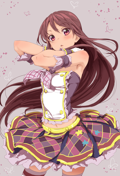Anime picture 675x986 with aikatsu! shibuki ran clearite single long hair tall image looking at viewer blush fringe breasts open mouth simple background red eyes brown hair bare shoulders bare belly zettai ryouiki girl skirt navel