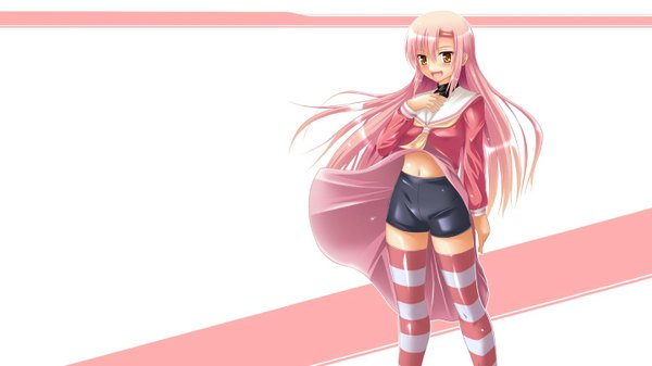 Anime picture 1440x810 with hayate no gotoku! katsura hinagiku single long hair looking at viewer blush open mouth smile wide image standing yellow eyes pink hair bare belly dress lift girl thighhighs dress navel shorts striped thighhighs