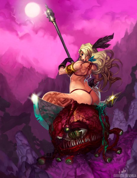 Anime picture 1024x1326 with dragon's crown vanillaware amazon (dragon's crown) elsevilla hector enrique sevilla lujan long hair tall image light erotic blonde hair sitting ass parted lips looking back from behind tattoo wavy hair muscle arched back girl weapon