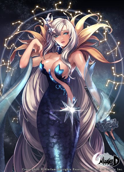 Anime picture 600x831 with unleashed r.alnilam single tall image looking at viewer fringe breasts blue eyes light erotic large breasts bare shoulders silver hair very long hair no bra girl dress