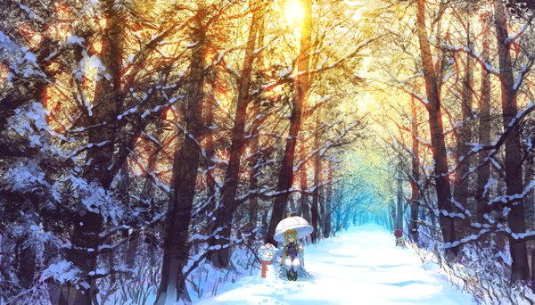 Anime picture 3900x2223 with touhou yakumo yukari madcocoon single long hair highres blonde hair wide image absurdres eyes closed light smile winter snow squat bare tree footprints girl thighhighs dress ribbon (ribbons)