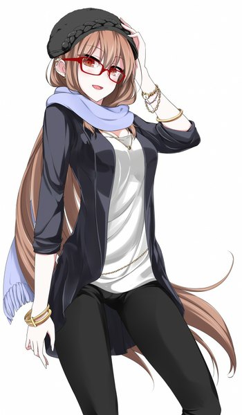 Anime picture 598x1024 with original lindoh flores red-eyes macadamiachoco single long hair tall image looking at viewer blush fringe open mouth simple background red eyes brown hair white background piercing ear piercing hand on head girl glasses bracelet