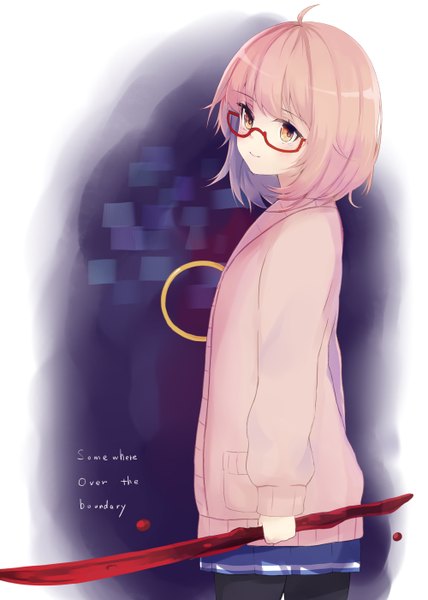 Anime picture 2000x2800 with kyoukai no kanata kyoto animation kuriyama mirai kou mashiro single tall image looking at viewer blush fringe highres short hair smile yellow eyes pink hair ahoge blunt bangs text english girl uniform