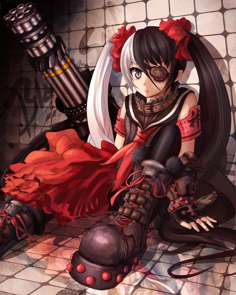 Anime picture 1200x1500 with blade & soul po hwa ran (blade & soul) qing (pixiv id4667708) single tall image looking at viewer black hair sitting twintails white hair very long hair multicolored hair hieroglyph girl gloves weapon boots gun eyepatch gatling gun