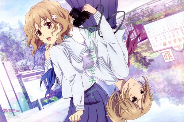 Anime picture 6120x4088 with hanasaku iroha p.a. works matsumae ohana matsumae satsuki highres short hair open mouth blonde hair multiple girls brown eyes absurdres girl 2 girls serafuku camera