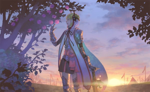 Anime picture 1000x614 with original pixiv fantasia hiko (scape) single short hair blonde hair smile wide image sky cloud (clouds) profile evening sunset girl flower (flowers) plant (plants) sword tree (trees) armor sun